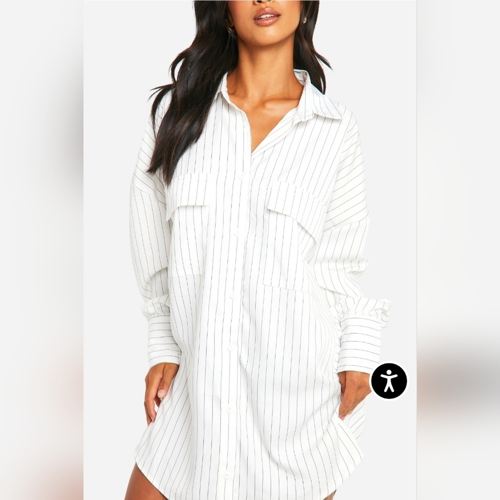 NWT Boohoo Petite Oversized White W/ Black Stripe Button Down Shirt Dress - 2P - Picture 4 of 10